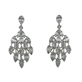 14K White Gold Baguette, and Round Diamond Openwork Leaf Shaped Drop Earrings