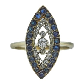 14K White Gold Sapphire and Diamond Navette Plaque Ring