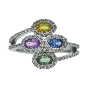 14K White Gold Multicolored Sapphire and Diamond Ring