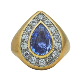 18K Yellow Gold, Pear Cut Sapphire, and Diamond Ring