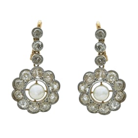 Platinum Topped 18K Yellow Gold, Diamond, and Pearl Cluster Drop Earrings