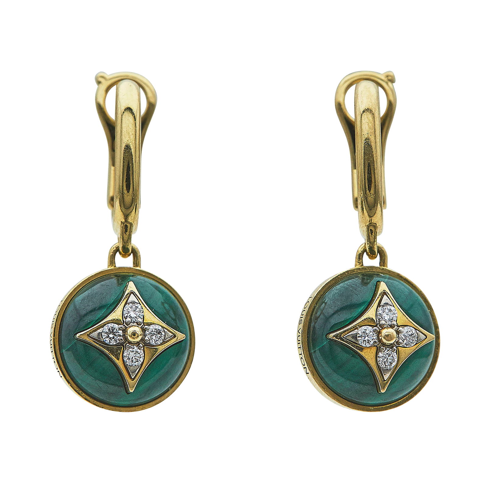 Louis Vuitton Blossom 18K Yellow Gold and Malachite Diamond Earrings: BRAND: Louis Vuitton; COLLECTION: Blossom; METAL: 18K Yellow Gold; APPROXIMATE TOTAL DIAMOND WEIGHT: 0.12 ctw; STAMPED: LV, French marks, numbered; CONDITION: Pre-owned, Good; ITEM WEIGHT (GRAMS): 10.