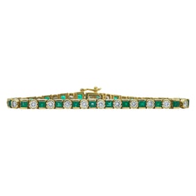 18K Yellow Gold Square Cut Emerald and Round Brilliant Cut Diamond Bracelet