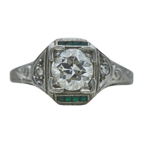 Art Deco Platinum, Diamond, and Calibre Cut Emerald Engagement Ring