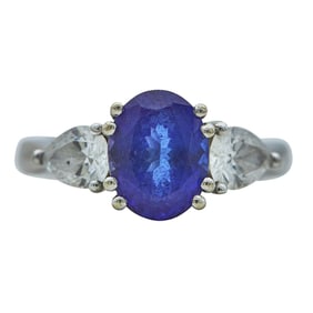 18K White Gold Oval Cut Tanzanite and Pear Cut Diamond Ring