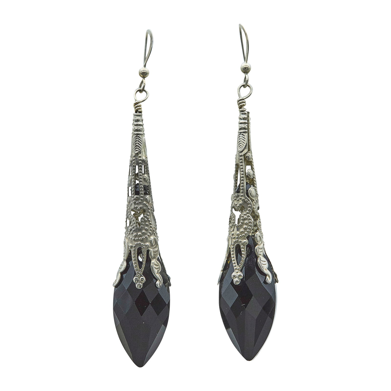 Sterling Silver and Black Jet Pendant Earrings: METAL: Sterling Silver; GEMSTONES: Black Jet; STAMPED: 925; CONDITION: Pre-owned, Very Good; ITEM WEIGHT (GRAMS): 12.04 g; MEASUREMENTS: 3 inches long including wires x 1/2 inch wide; ADDITIONAL COMME