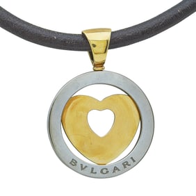 Bulgari Bvlgari Tondo 18K Yellow Gold, Stainless Steel, and Leather Cord Heart Pendant Necklace