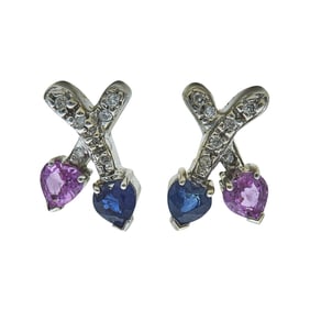 14K White Gold Sapphire, Pink Sapphire, and Diamond Crossed Hearts Earrings