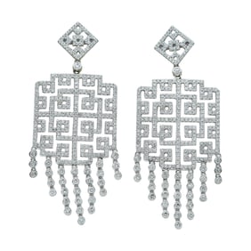18K White Gold and Diamond Square Openwork Pendant Earrings