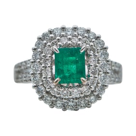 18K White Gold, Emerald, and Diamond Cluster Ring