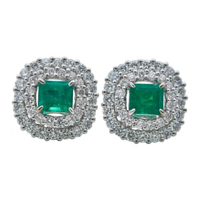 18K White Gold, Emerald, and Diamond Cluster Earrings