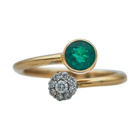 ELJA 18K Yellow Gold Emerald and Diamond Bypass Ring