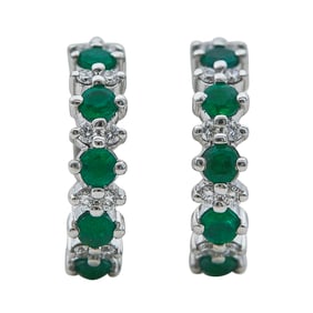 ELJA 18K White Gold, Emerald, and Diamond Hoop Earrings