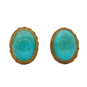 18K Yellow Gold and Oval Cabochon Turquoise Earrings