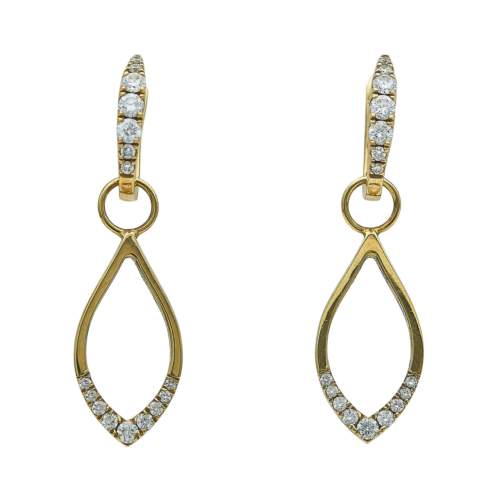 18K Yellow Gold and Diamond Teardrop Shaped Drop Earrings: METAL: 18K Yellow Gold; APPROXIMATE TOTAL DIAMOND WEIGHT: 0.46 ctw; STAMPED: P, 18K, 750; CONDITION: Pre-owned, Very Good; ITEM WEIGHT (GRAMS): 3.24 g; MEASUREMENTS: 1 3/16 inch long; ADDITIONAL COMME
