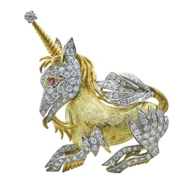 18K Yellow and White Gold, Diamond, and Ruby Unicorn Brooch Pin