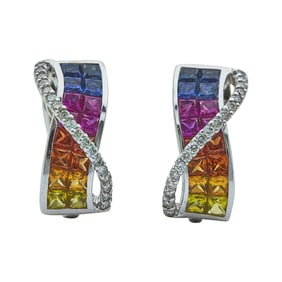 14K White Gold, Multicolored Sapphire, and Diamond Half-Hoop Earrings