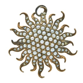 14K Yellow Gold and Base Metal Seed Pearl  Sun Brooch Pin