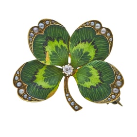 14K Yellow Gold, Enamel, Seed Pearl, And Diamond Four Leaf Clover Brooch Pin