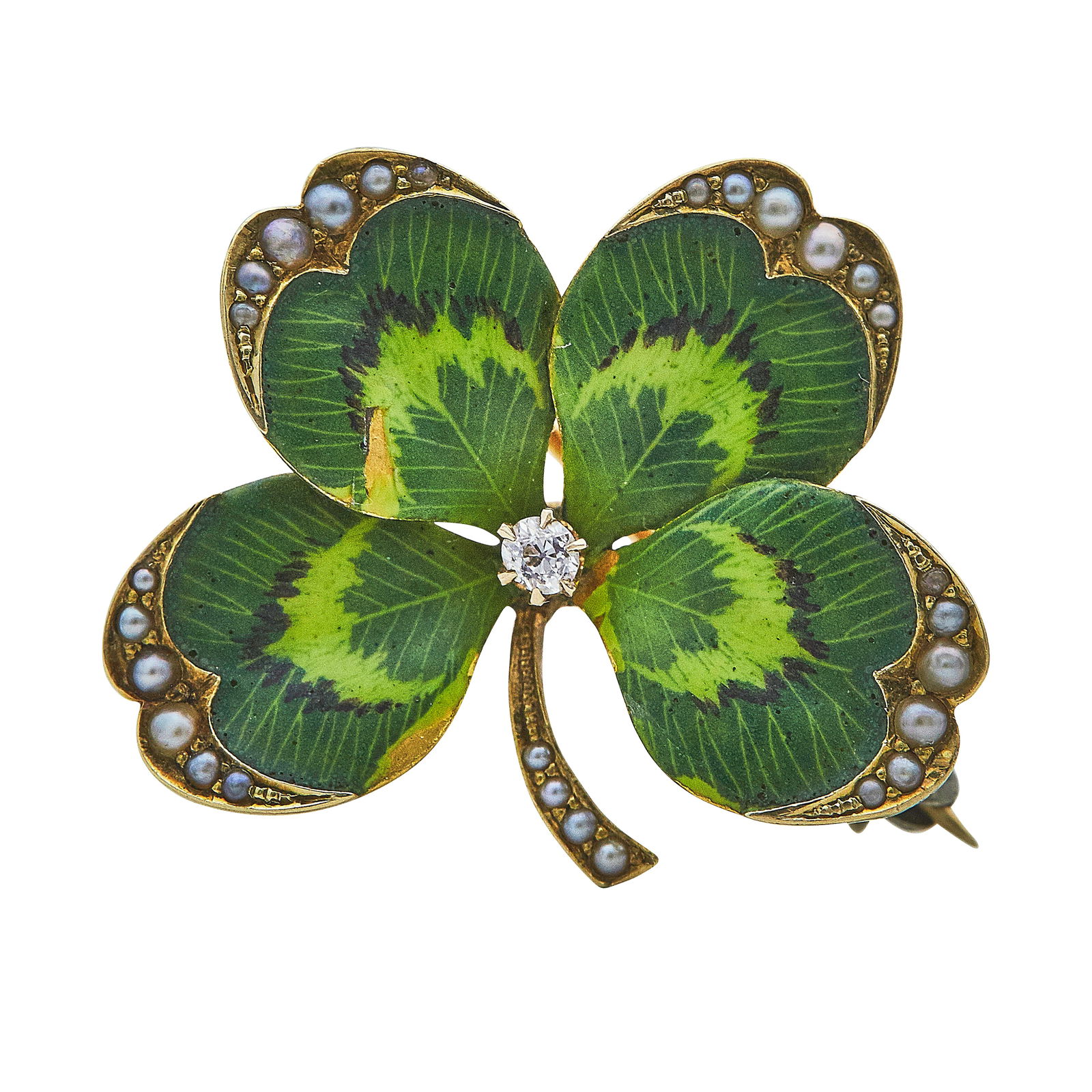 14K Yellow Gold, Enamel, Seed Pearl, And Diamond Four Leaf Clover Brooch Pin (1 of 3)