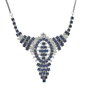 14K White Gold, Sapphire, and Diamond V-Shaped Pendant Necklace