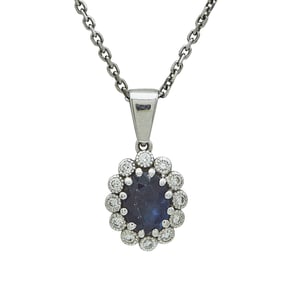 14K White Gold Sapphire and Diamond Pendant and Sterling Silver Chain