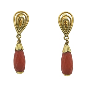 18K Yellow Gold and Coral Drop Earrings