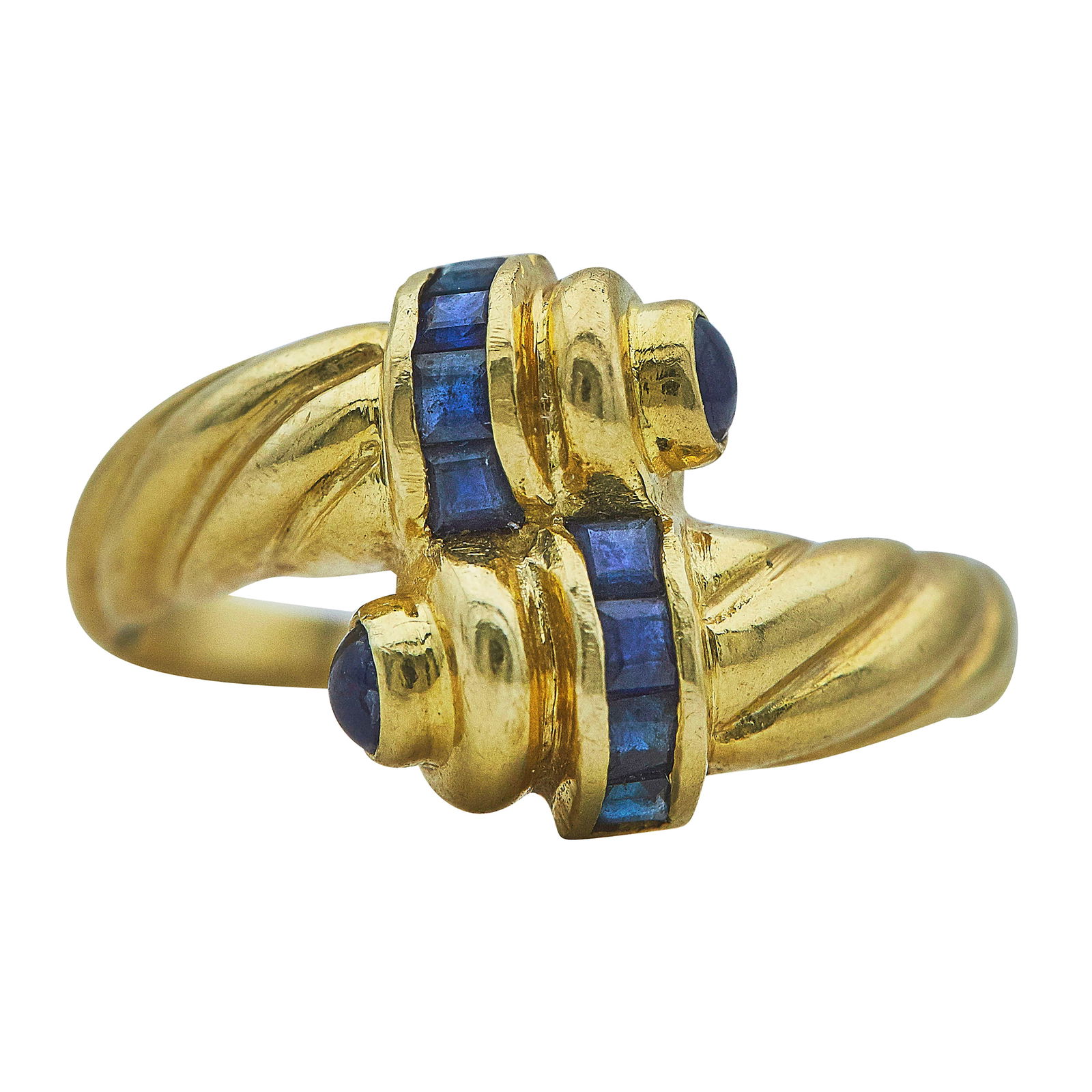 18K Yellow Gold and Sapphire Bypass Ring: METAL: 18K Yellow Gold; GEMSTONES: Sapphire; TESTED: 18K Yellow Gold; CONDITION: Pre-owned, Good; ITEM WEIGHT (GRAMS): 3.3 g; MEASUREMENTS: Ring size 9