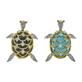 18K Yellow Gold Platinum, Turquoise, Onyx, Diamond, and Ruby Turtle Brooch Set