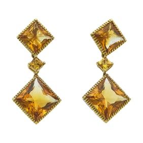 18K Yellow Gold and Square Cut Citrine Pendant Earrings