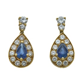 18K Yellow Gold, Sapphire, and Diamond Pear Shaped Drop Earrings