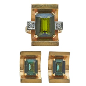 18K Yellow and White Gold, Tourmaline, and Diamond Earrings & Ring Set