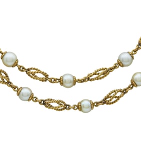 18K Yellow Gold Openwork Chain and Cultured Pearl Necklace