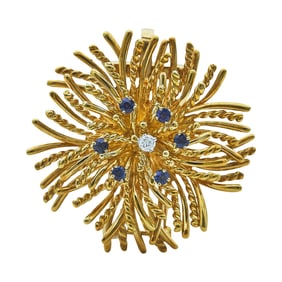 Tiffany & Co. 18K Yellow Gold Sapphire and Diamond Flower Brooch Pin