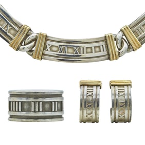 Tiffany & Co. Atlas Sterling Silver and 18K Yellow Gold Necklace, Earrings and Ring Suite