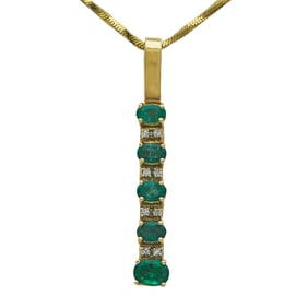 14K Yellow Gold Graduated Emerald and Diamond Bar Drop Pendant Necklace