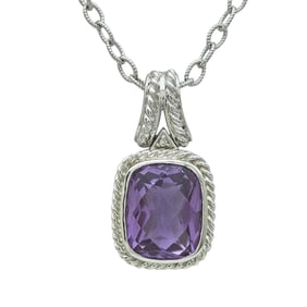 14K White Gold Fancy Cut Amethyst and Diamond Pendant Necklace