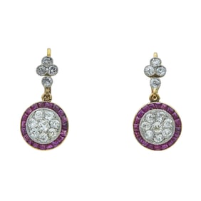 Platinum Topped 18K Yellow Gold, Old Mine Cut Diamond, and Ruby Cluster Drop Earrings