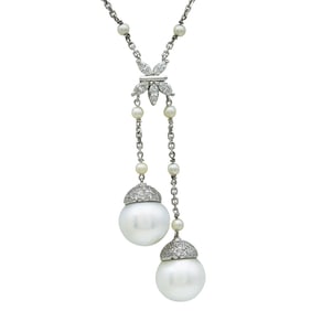 14K White Gold, Cultured Pearl, and  Diamond Lariat Necklace