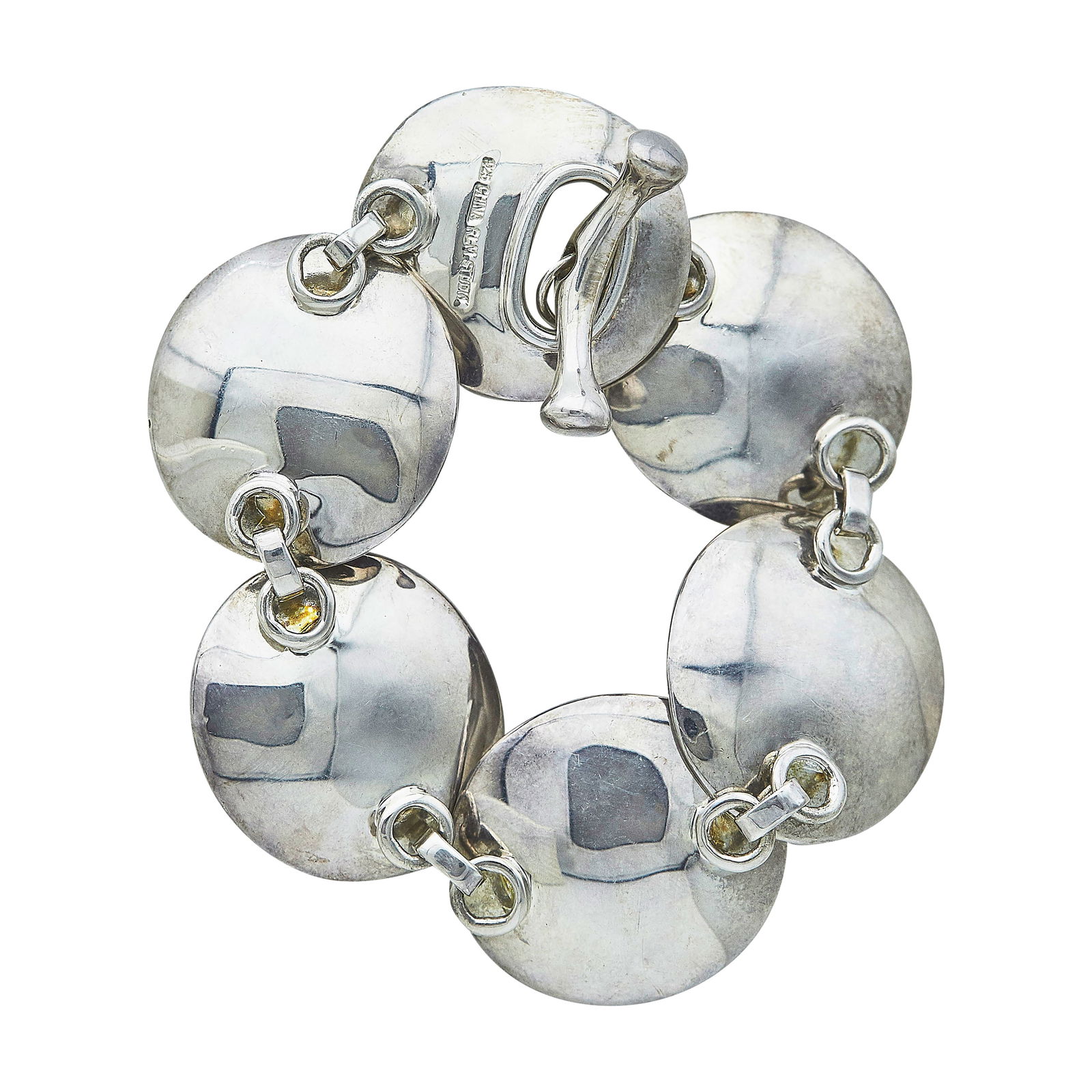 Robert Lee Morris Sterling Silver Concave Round Link Bracelet: BRAND: Robert Lee Morris; METAL: Sterling Silver; STAMPED: 925, CHINA, RLM STUDIO; CONDITION: Pre-owned, Very Good; ITEM WEIGHT (GRAMS): 52.7 g; MEASUREMENTS: Bracelet 8 inches long x 1 1/8 inch wide