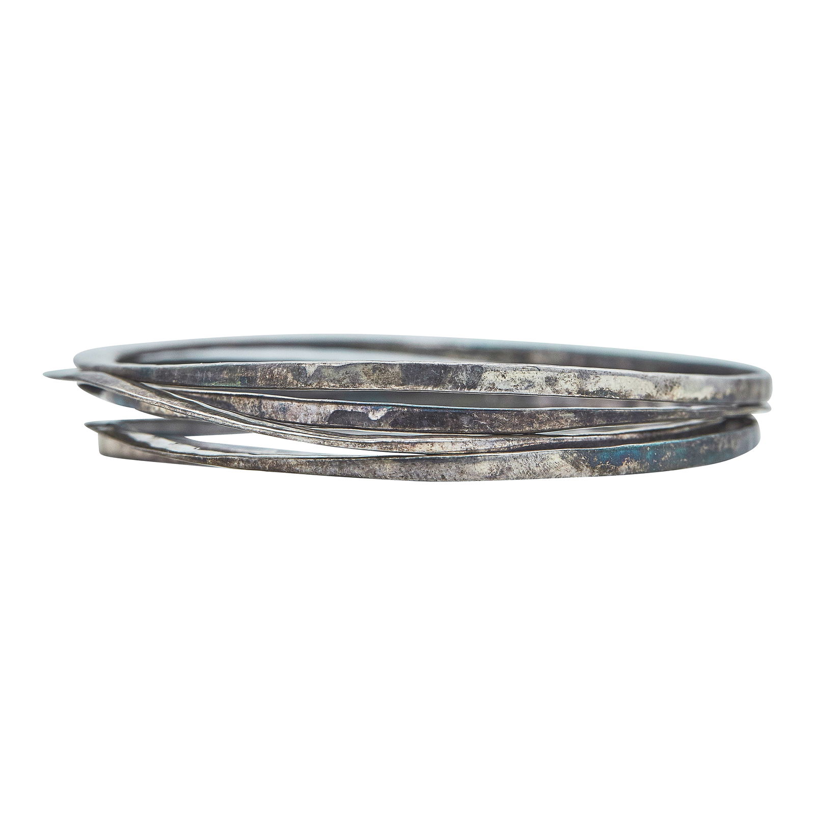 Robert Lee Morris Set of Five Hammered Sterling Silver Bangles: BRAND: Robert Lee Morris; METAL: Sterling Silver; STAMPED: RLM Studio, 925, CHINA; CONDITION: Pre-owned, Very Good; ITEM WEIGHT (GRAMS): 40.1 g; MEASUREMENTS: Inner diameter approx. 2 1/2 inches