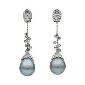 18K White Gold, Tahitian Pearl, and Diamond Pendant Earrings