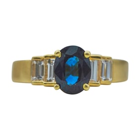 18K Yellow Gold Oval Cut Sapphire and Baguette Cut Diamond Ring