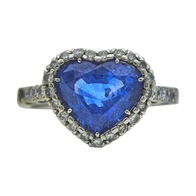18K White Gold, Heart Cut Sapphire, and Diamond Ring