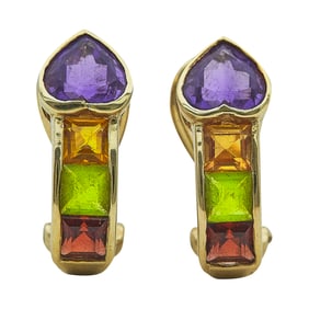 14K Yellow Gold, Amethyst, Citrine, Peridot, and Garnet Rainbow Heart Earrings