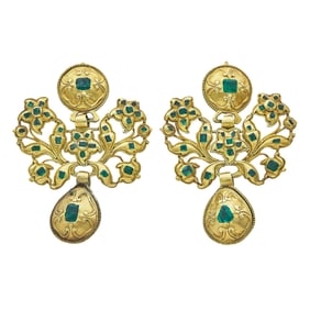 Georgian Style 22K Yellow Gold and Emerald Engraved Chandelier Earrings