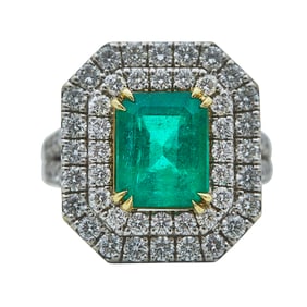 18K White and Yellow Gold 3.43 Carat Emerald and Diamond Double Halo Ring