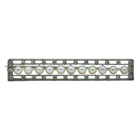 Platinum, Pearl, and Rose Cut Diamond Bar Brooch Pin