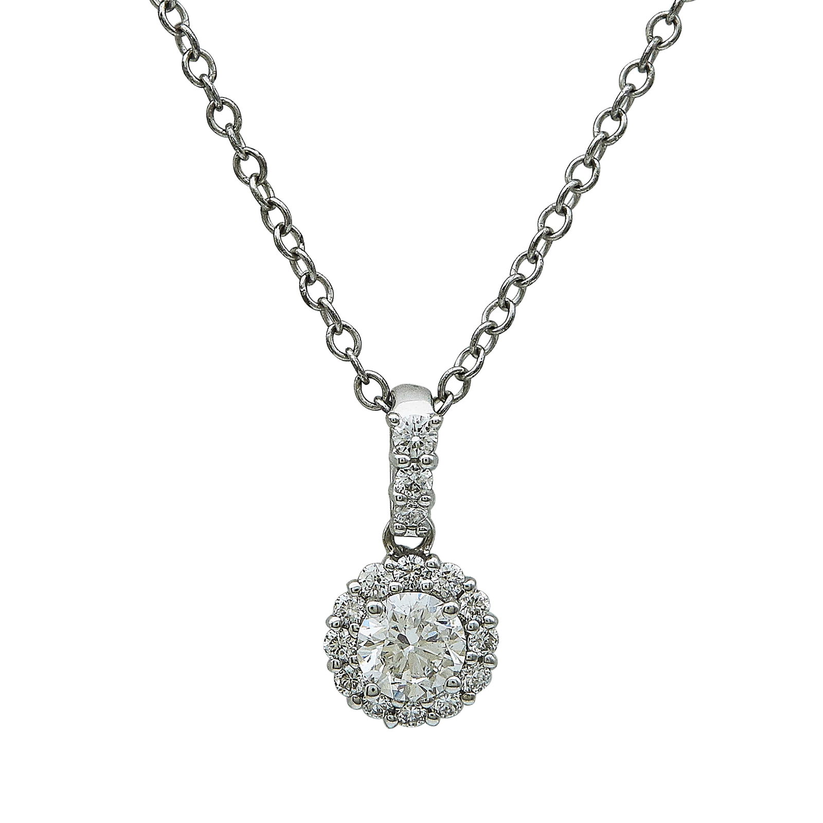14K White Gold and Diamond Halo Pendant Necklace: METAL: 14K White Gold; APPROXIMATE TOTAL DIAMOND WEIGHT: 0.37 ctw; STAMPED: 14K, 585; CONDITION: Pre-owned, Very Good; ITEM WEIGHT (GRAMS): 2.44 g; MEASUREMENTS: Chain 18 inches long including bail, P