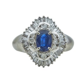 Platinum, Oval Cut Sapphire, and Diamond Halo Ring